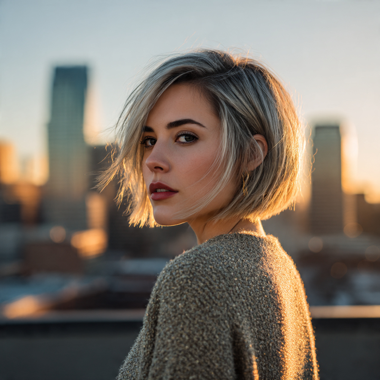 a chic woman with an angled grey