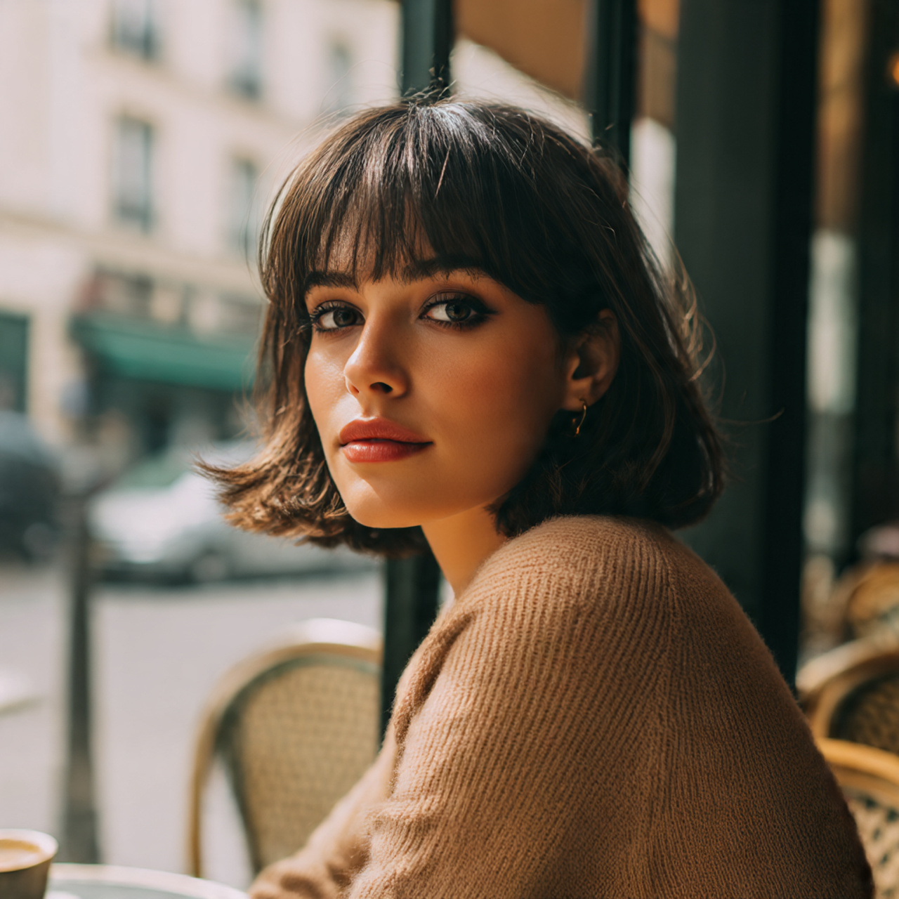 a chic woman with brow skimming bangs illustrating
