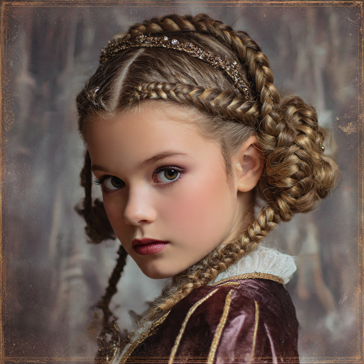 a child with french braids wrapped around