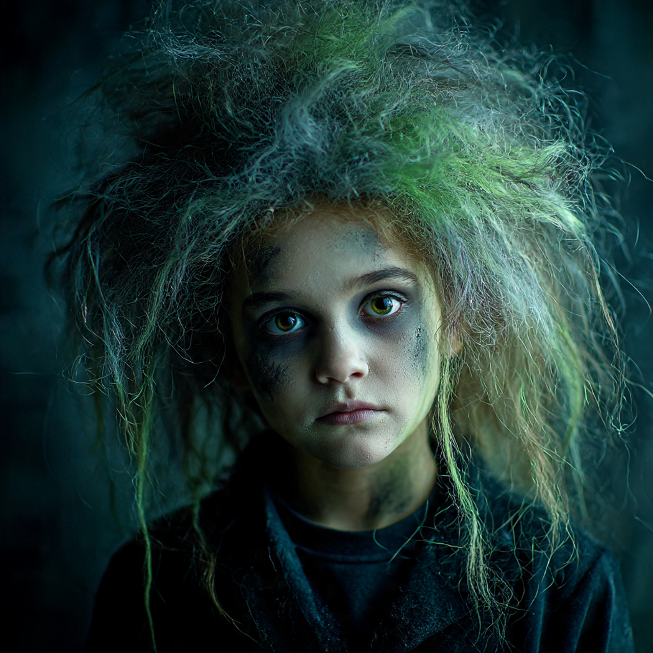 a child with hair teased wildly from