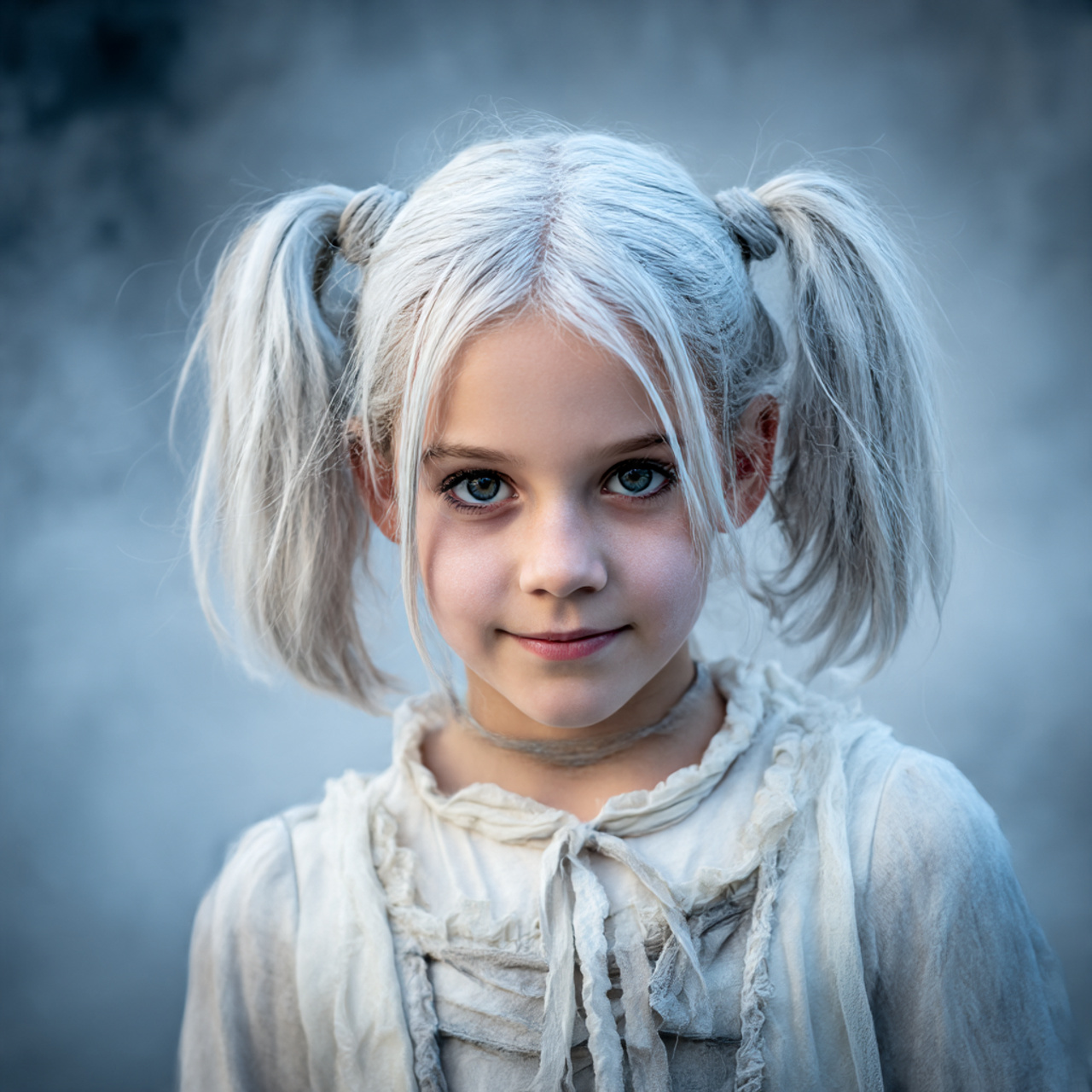 a child with middle parted hair in two