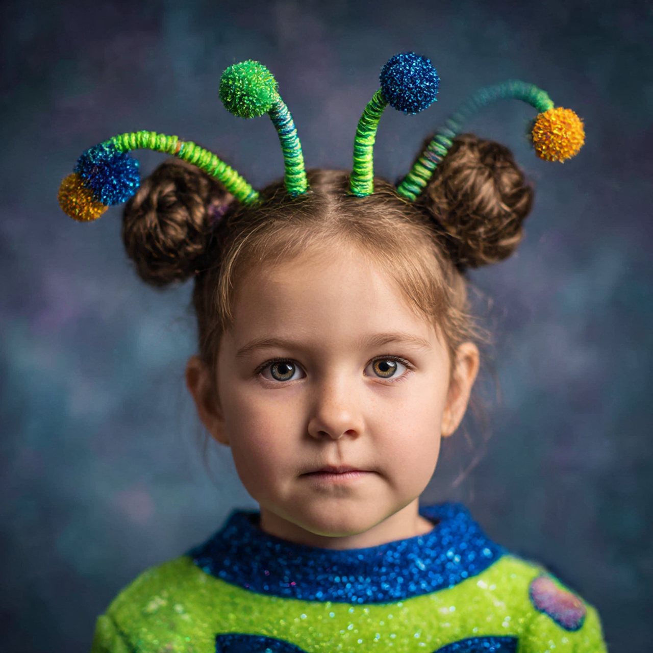 a child with two high buns on