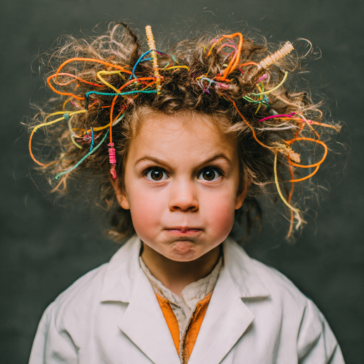 a child with wildly backcombed hair messy