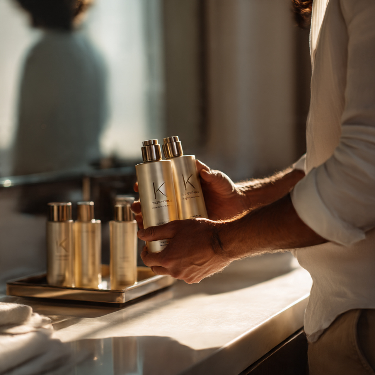 a close up of a man holding premium