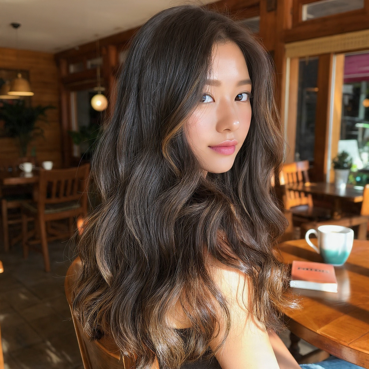 a close up of a model with long