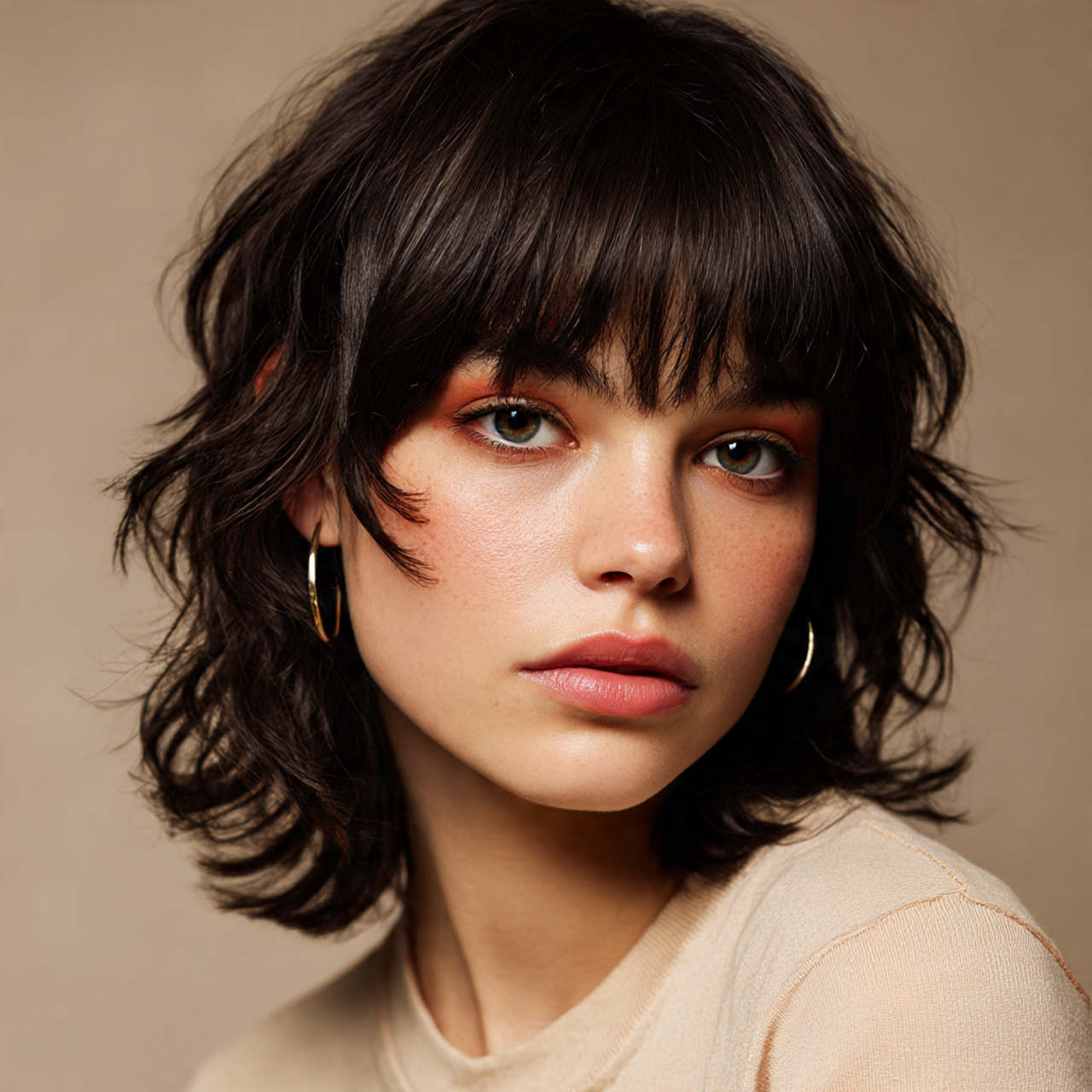 20 Wavy Wolf Cut with Bangs Ideas To Boost Self Confidence 18 a close up ultra detailed portrait of a model