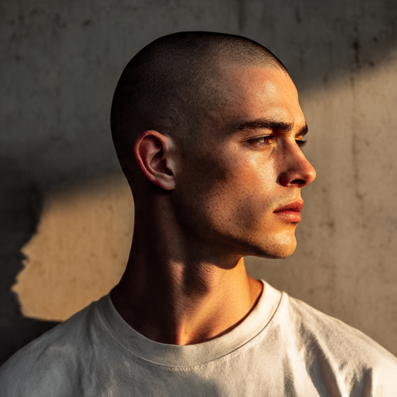 a confident man with a minimalist buzz