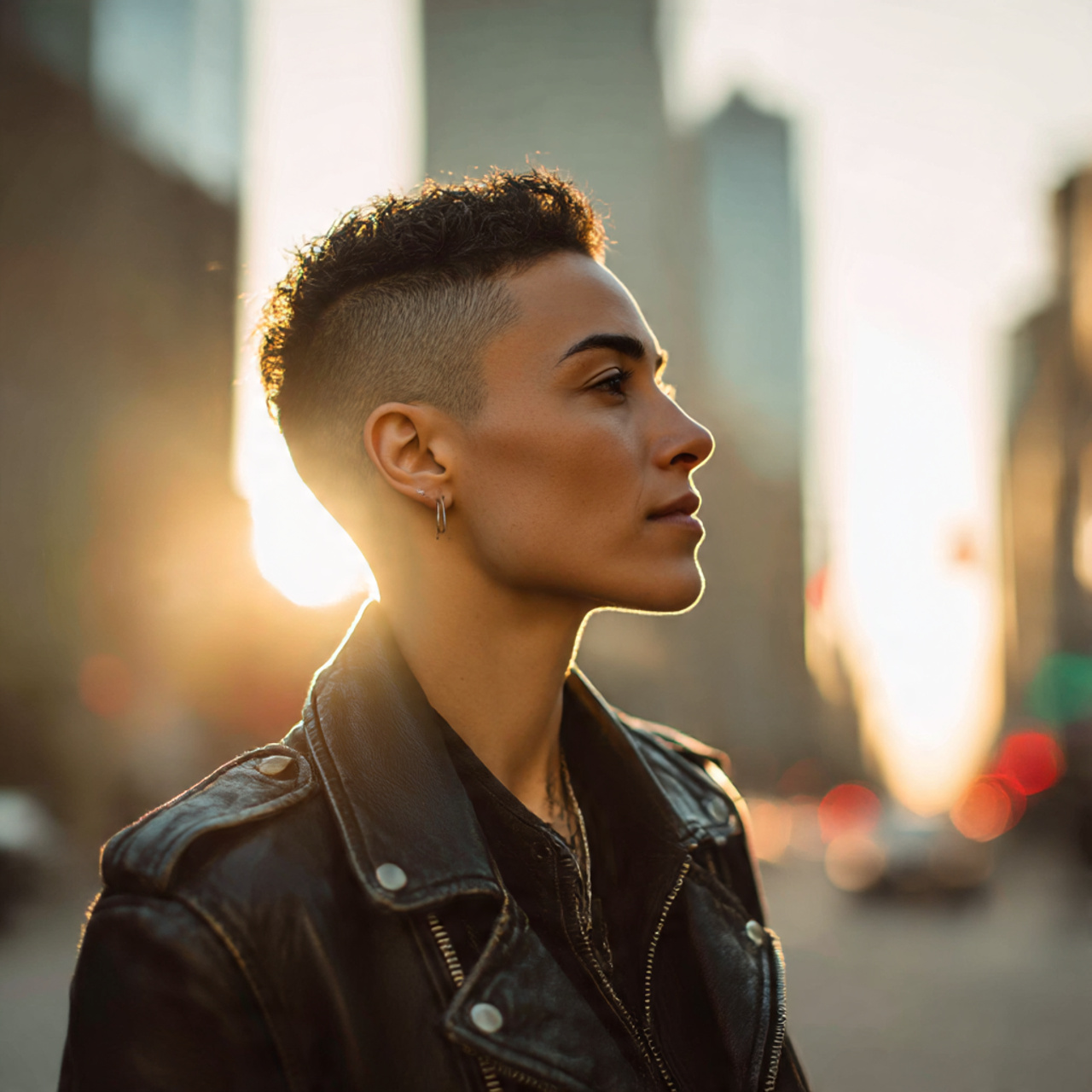 a confident person with shaved sides and