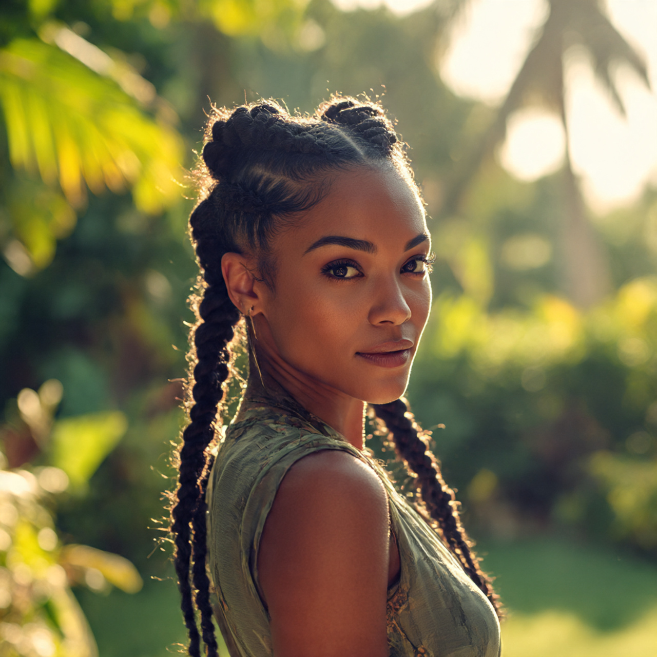 a confident woman wearing goddess braids lace