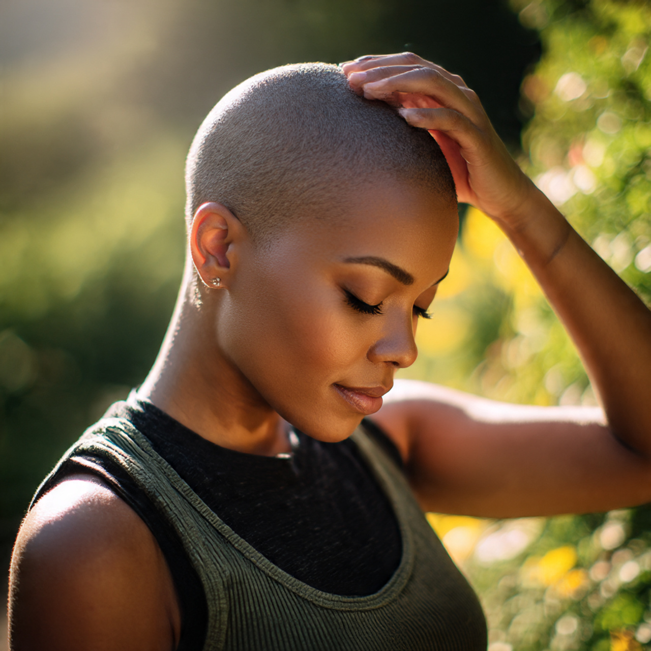 a confident woman with a freshly shaved 1