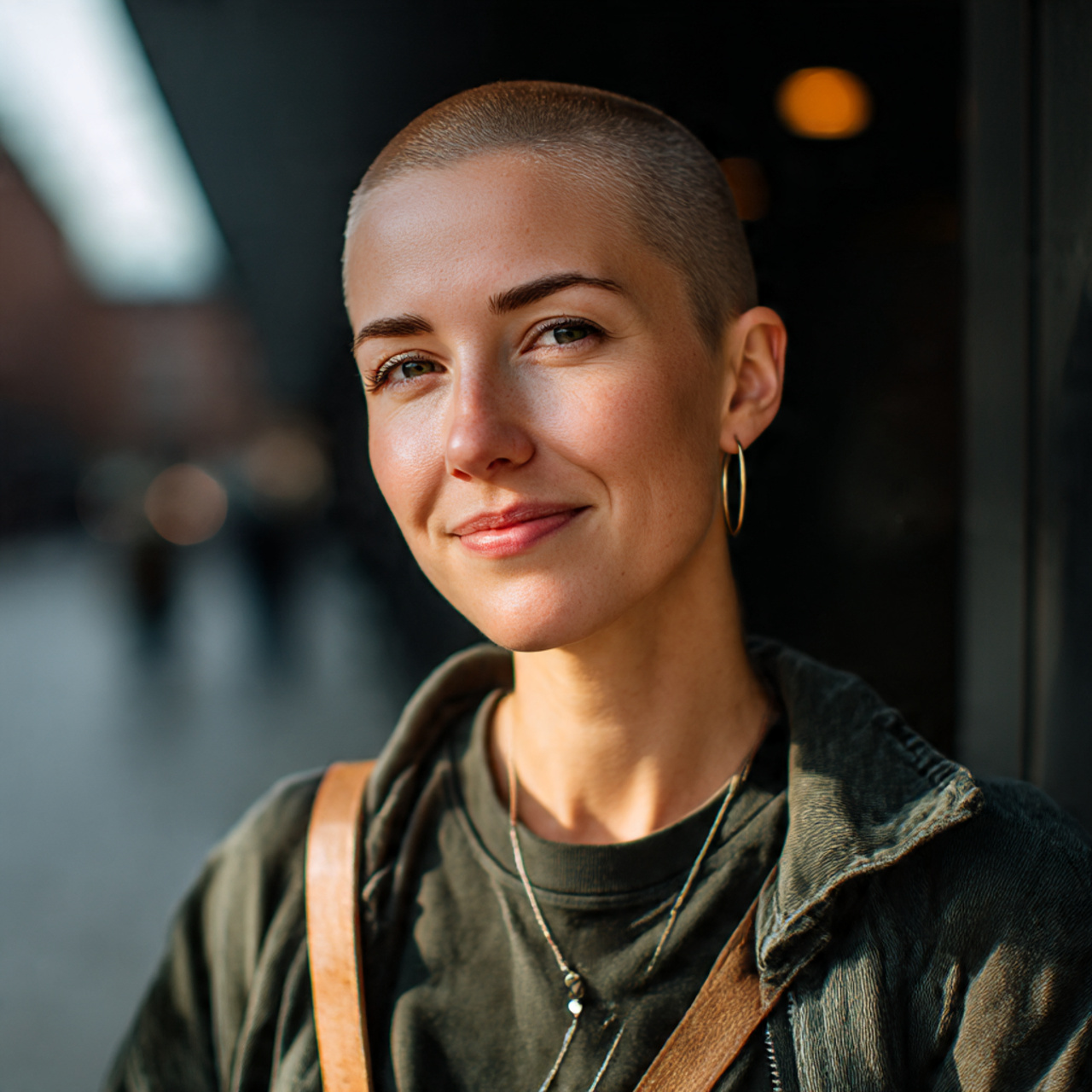 a confident woman with a freshly shaved