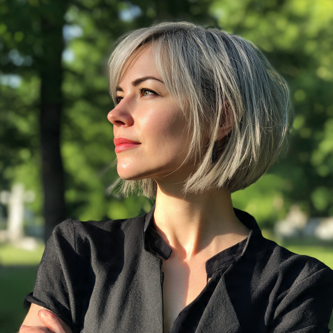 a confident woman with a jaw length short