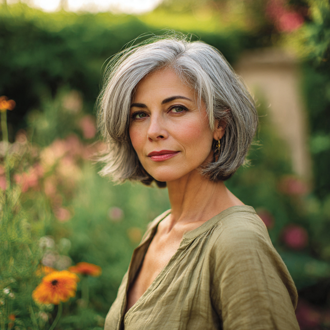 a confident woman with a layered grey
