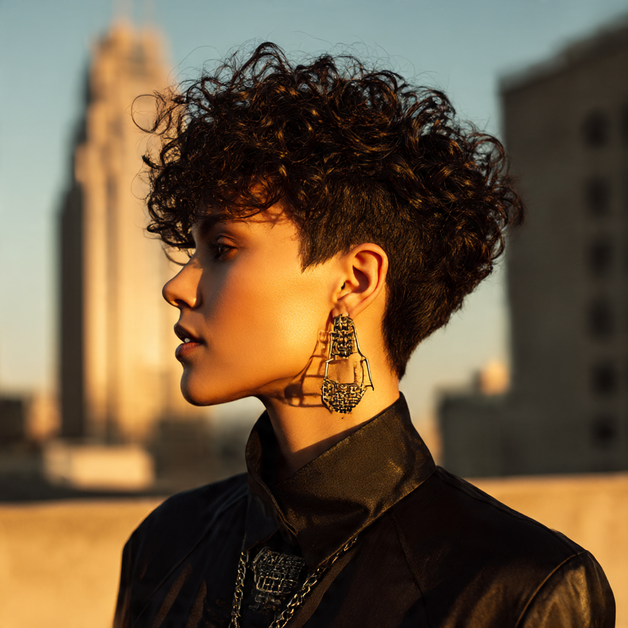 a confident woman with an edgy geometric