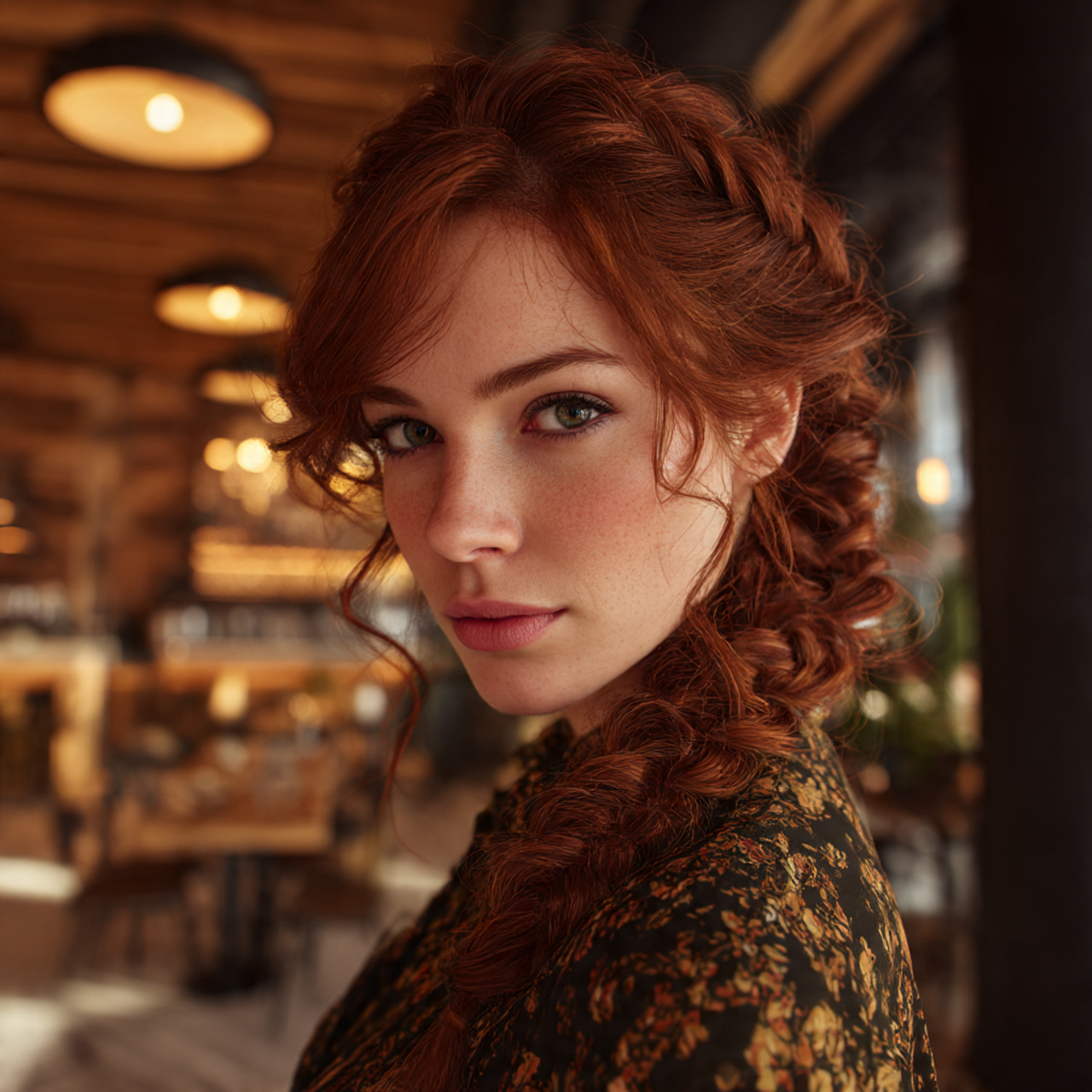 a confident woman with deep auburn hair