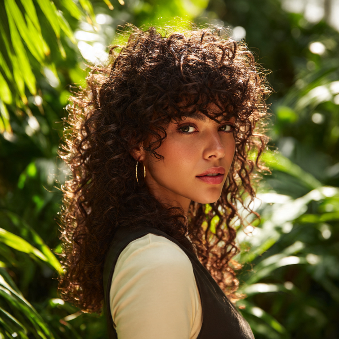a confident woman with tight springy curls
