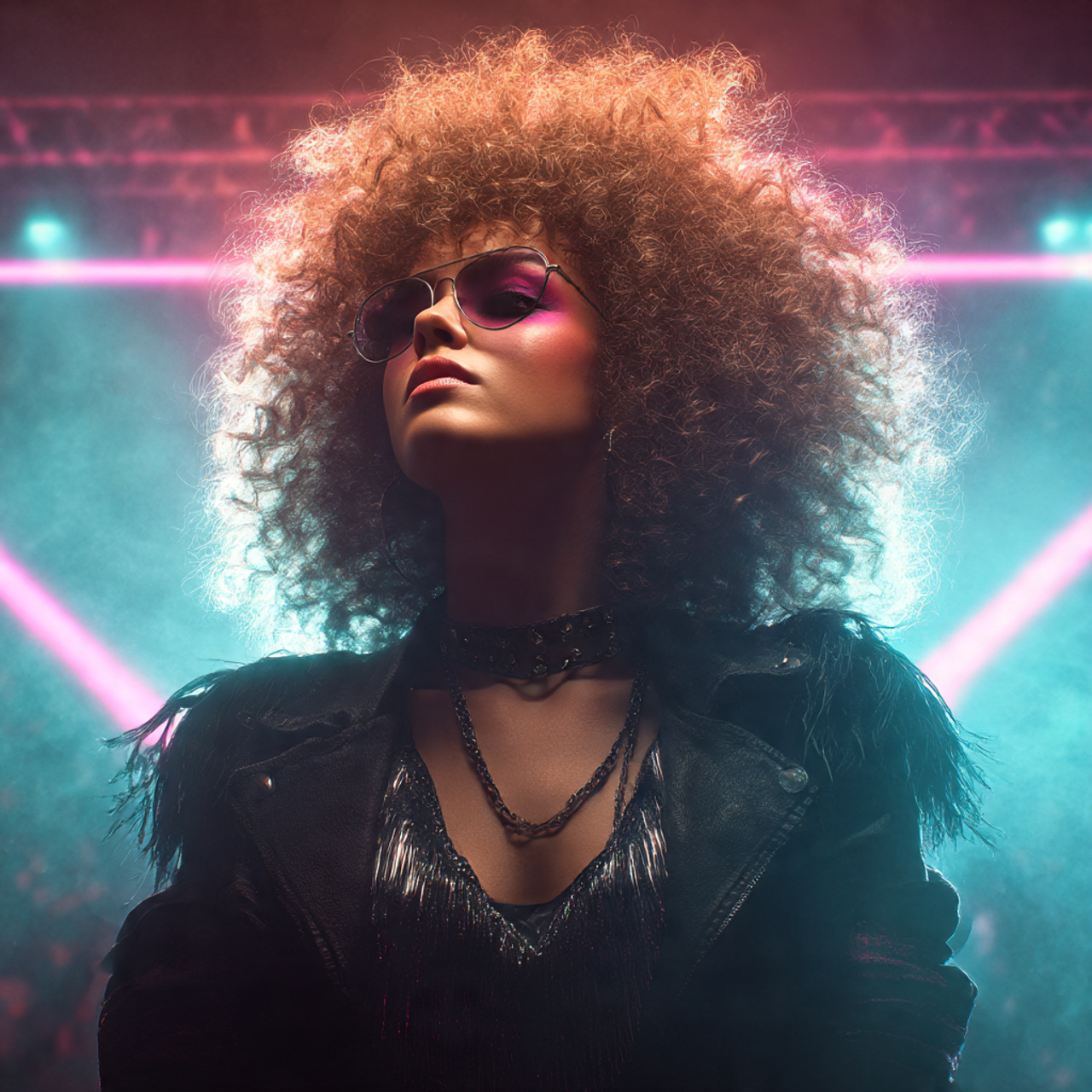 a confident woman with voluminous 80s rocker