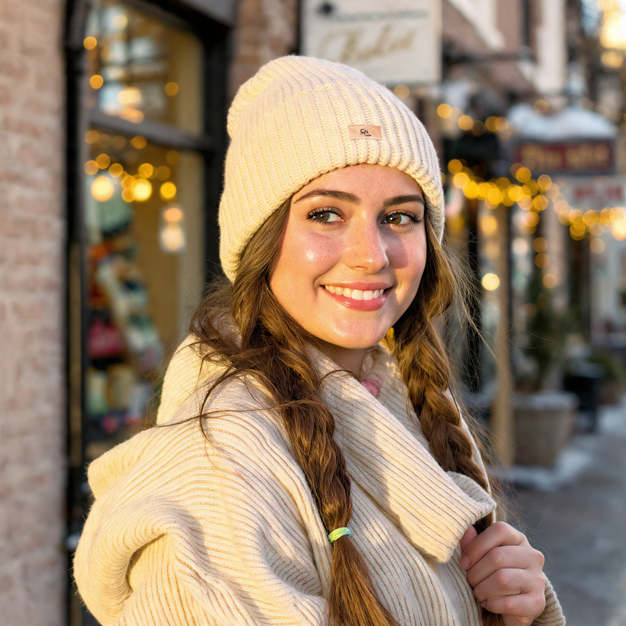a cozy winter street scene at golden