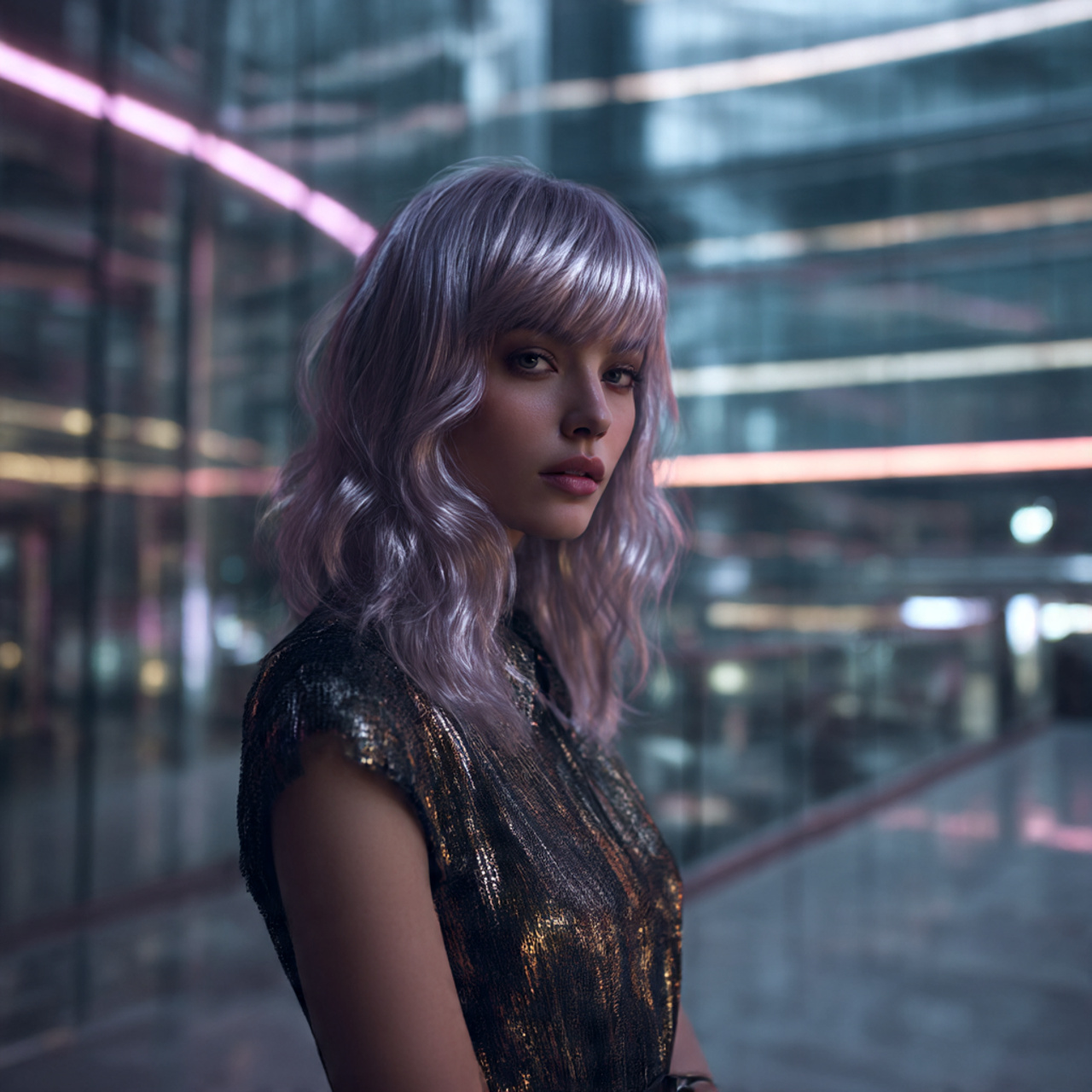 a fashion forward woman with metallic chrome hair