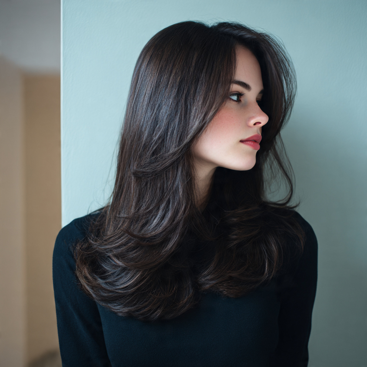 a fashionable asymmetrical blowout hairstyle on a