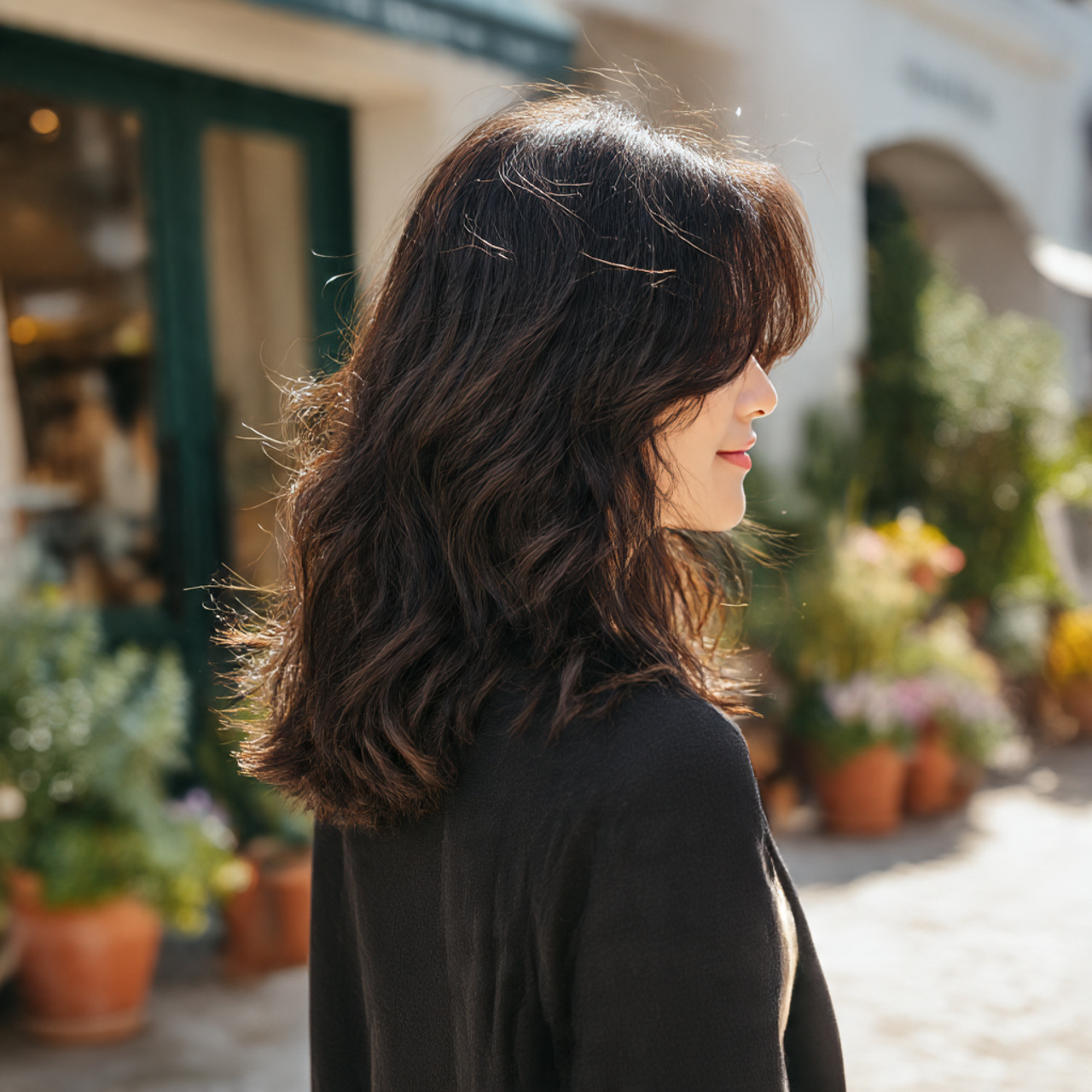 a fashionable korean woman with shoulder length soft
