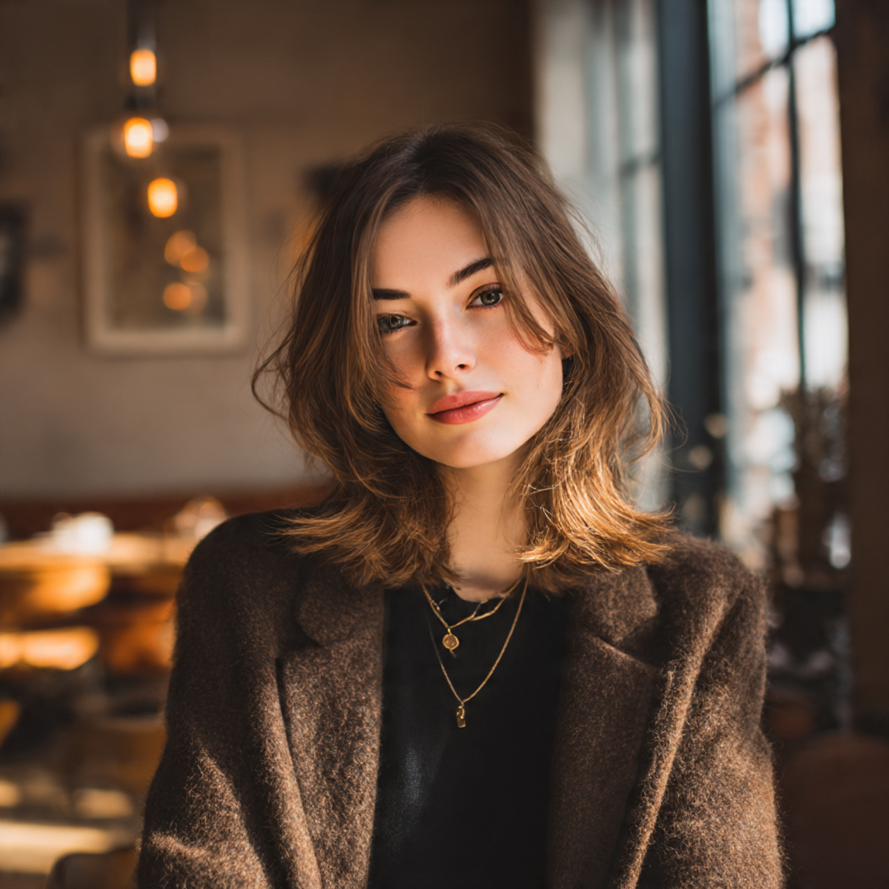 a fashionable woman with a round face