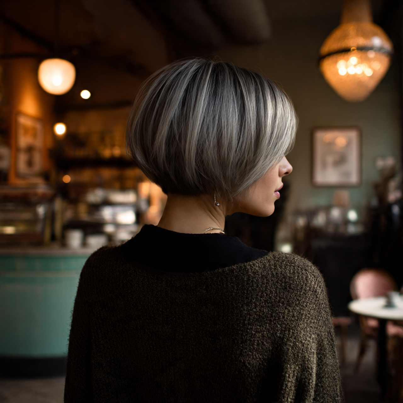 a fashionable woman with an inverted grey