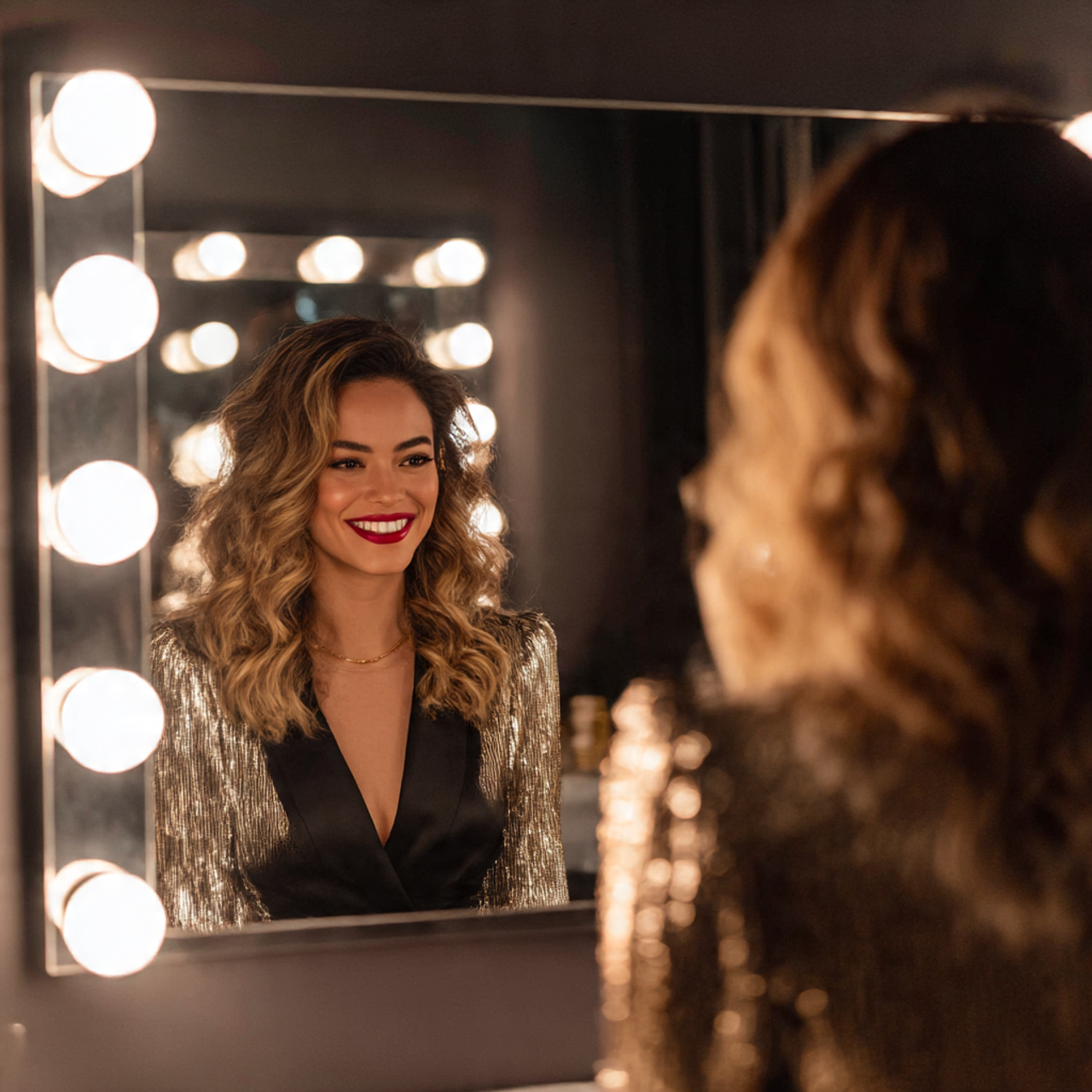 a fashionable woman with glossy face framing layers