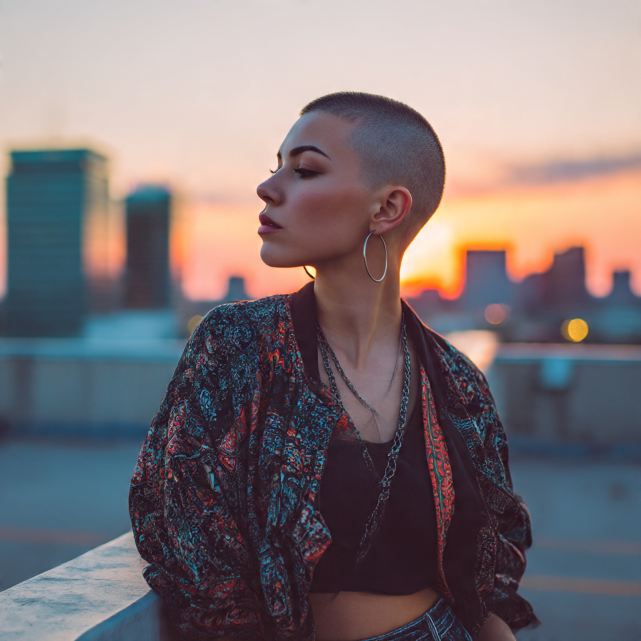 a fashionable woman with shaved sides and