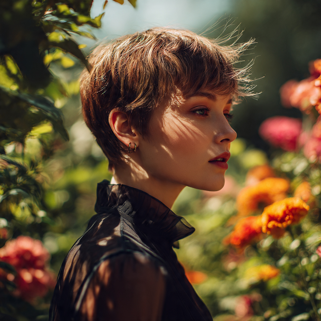 a fashionable woman with short haircut and