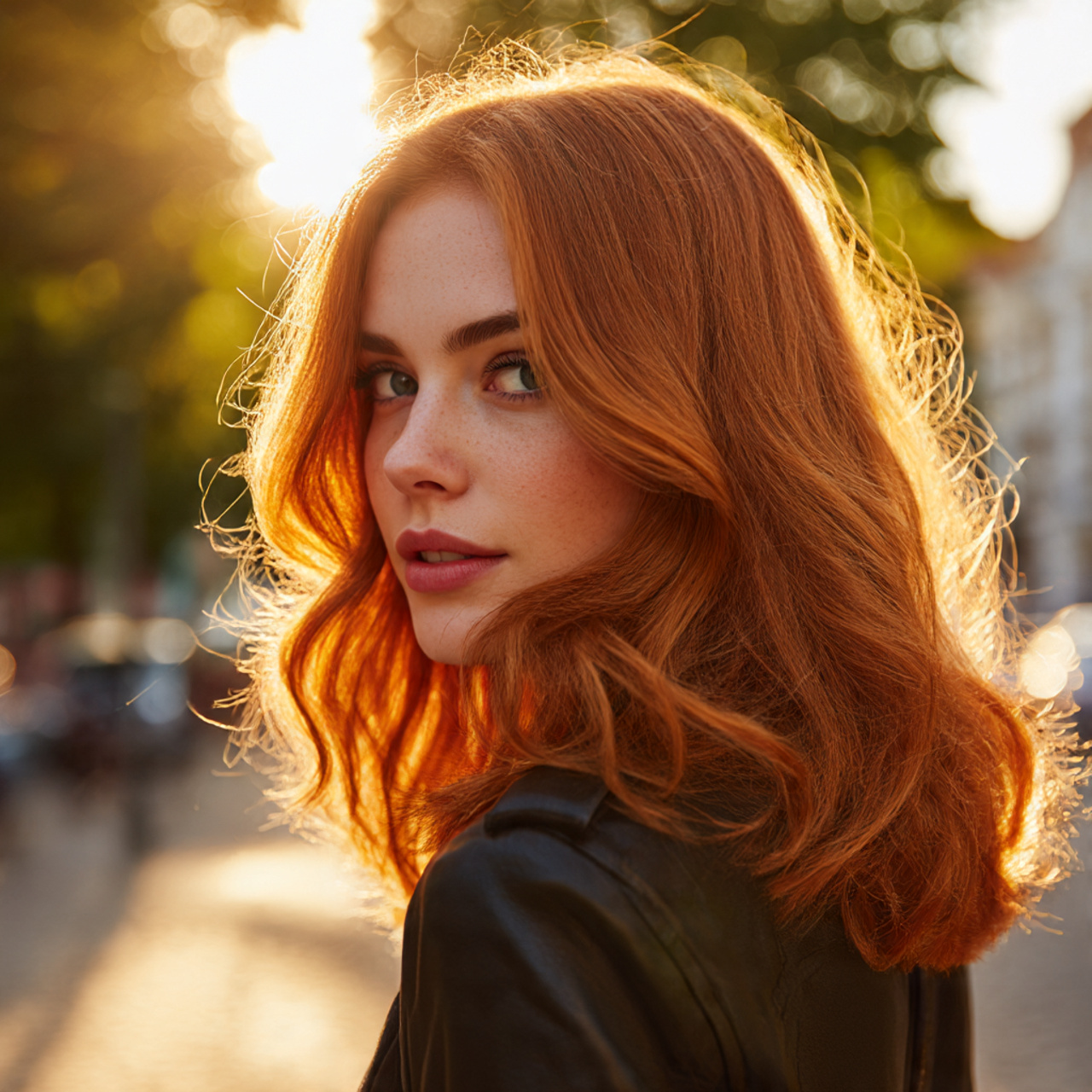 a fashionable woman with vibrant copper glow