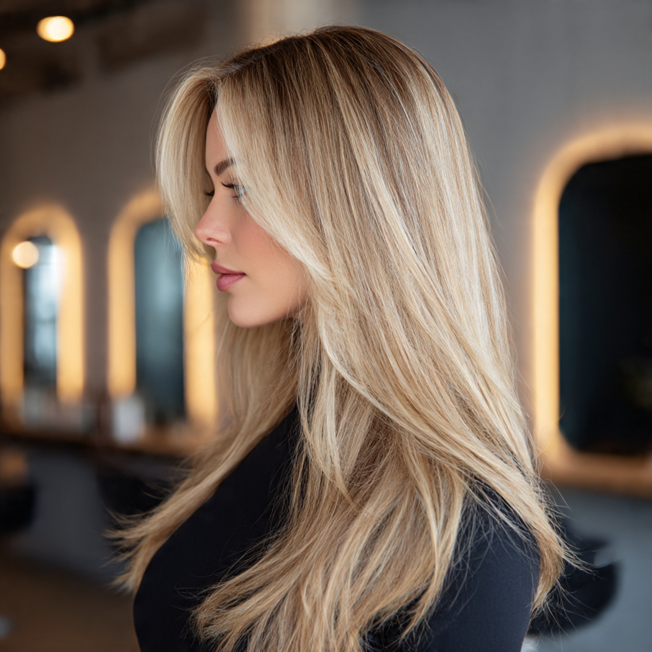 a female model displaying contrasting blonde highlights