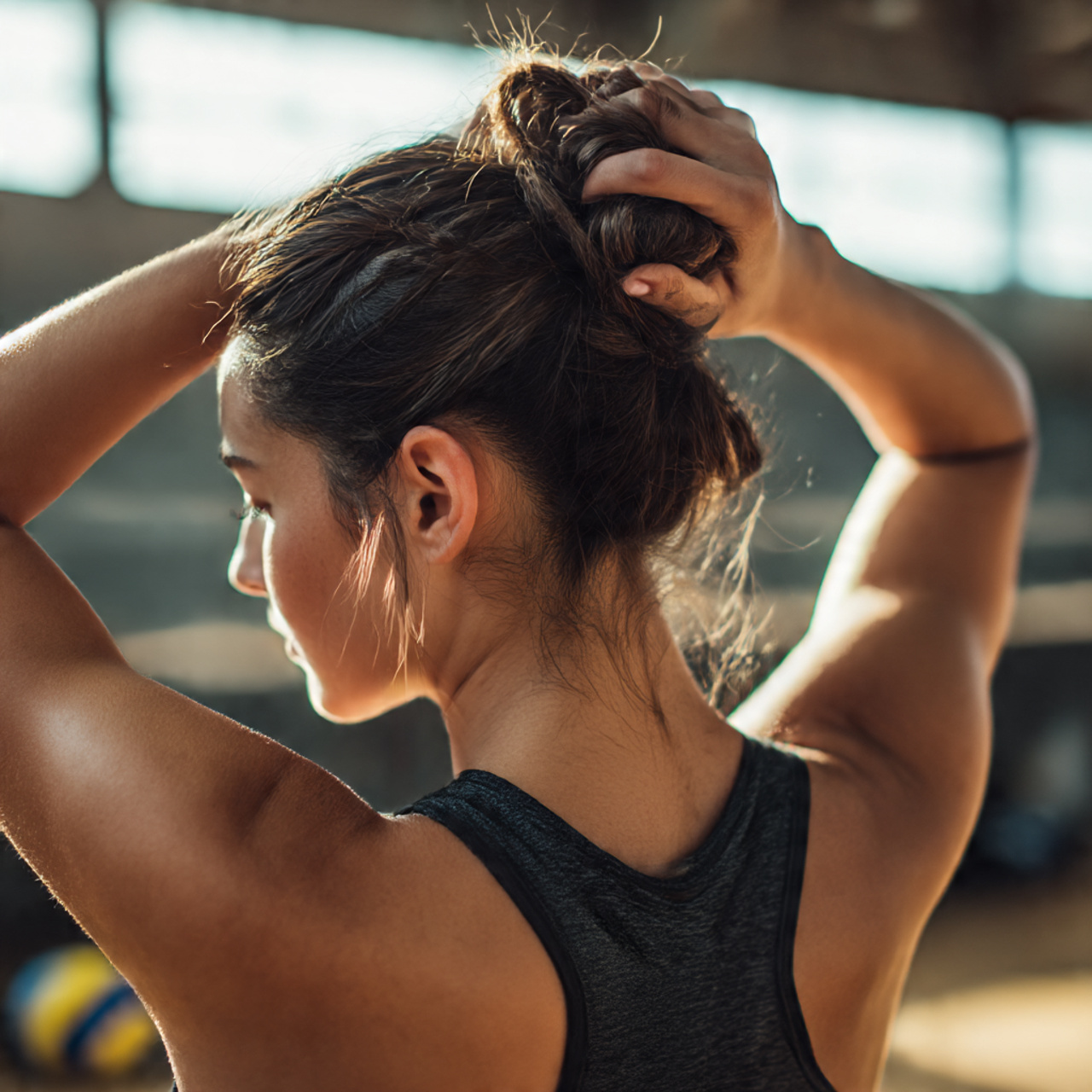 a female volleyball player twisting her hair