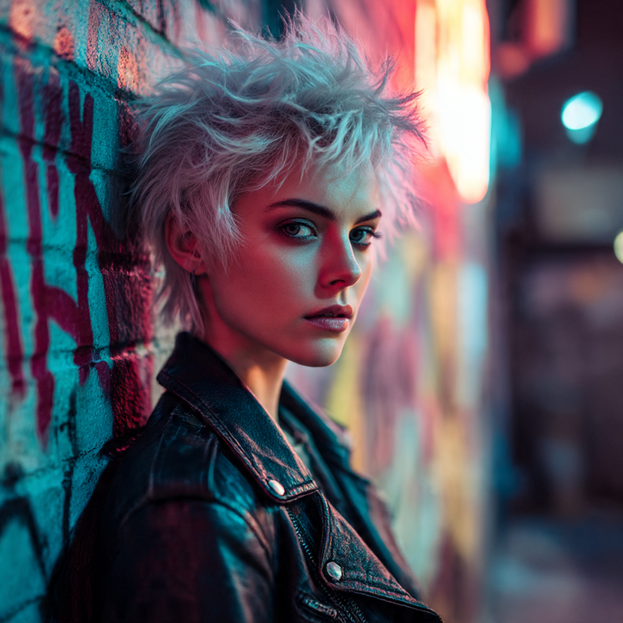 a fierce female model with a short