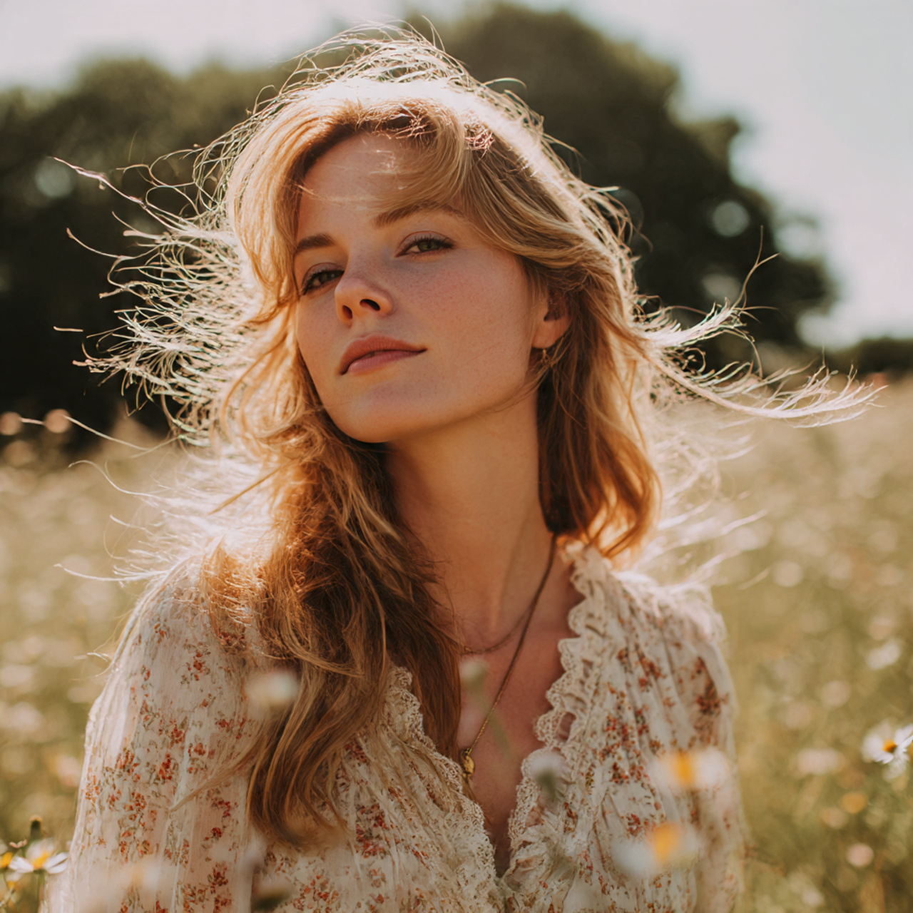 a free spirited woman with soft facial features