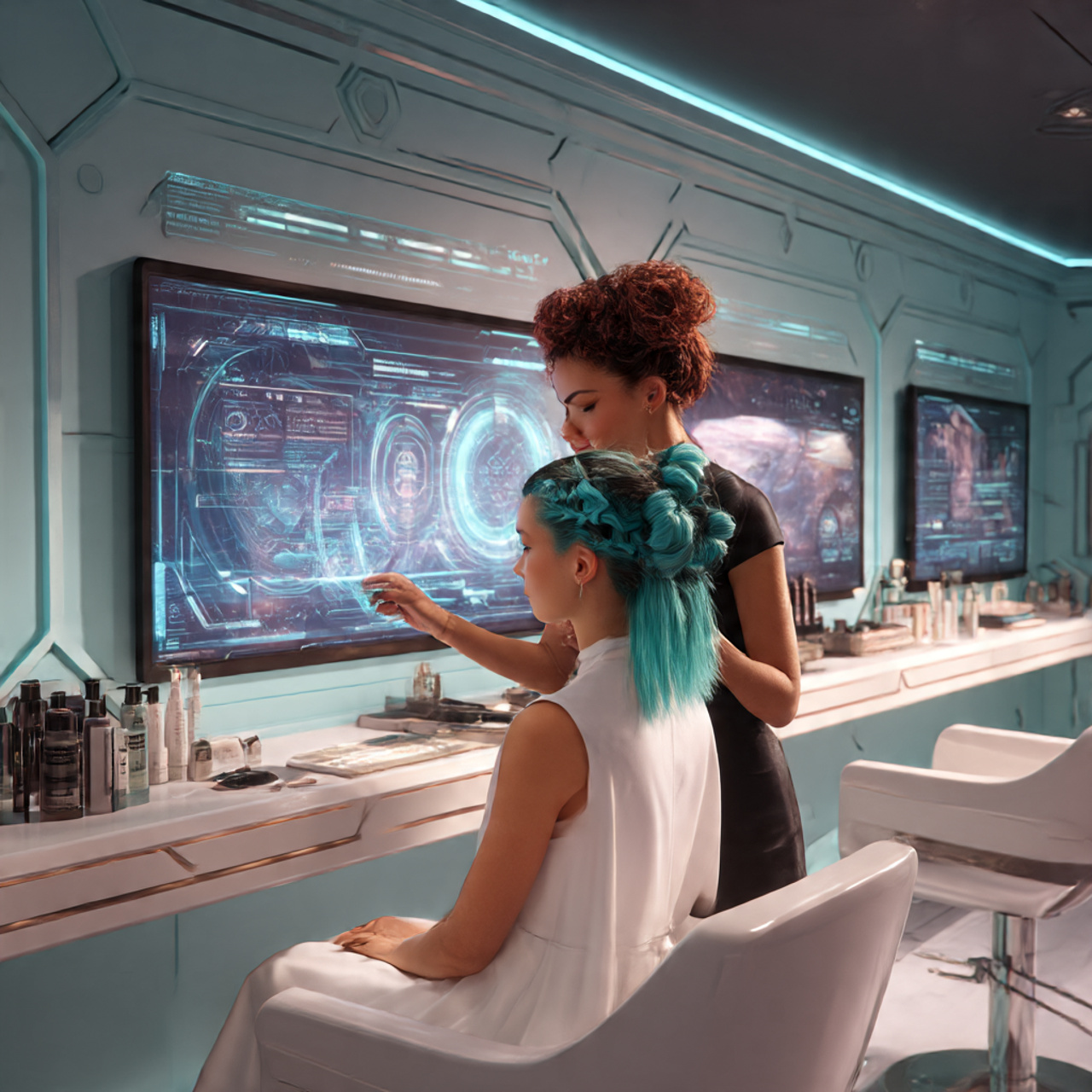 a futuristic salon with digital screens and