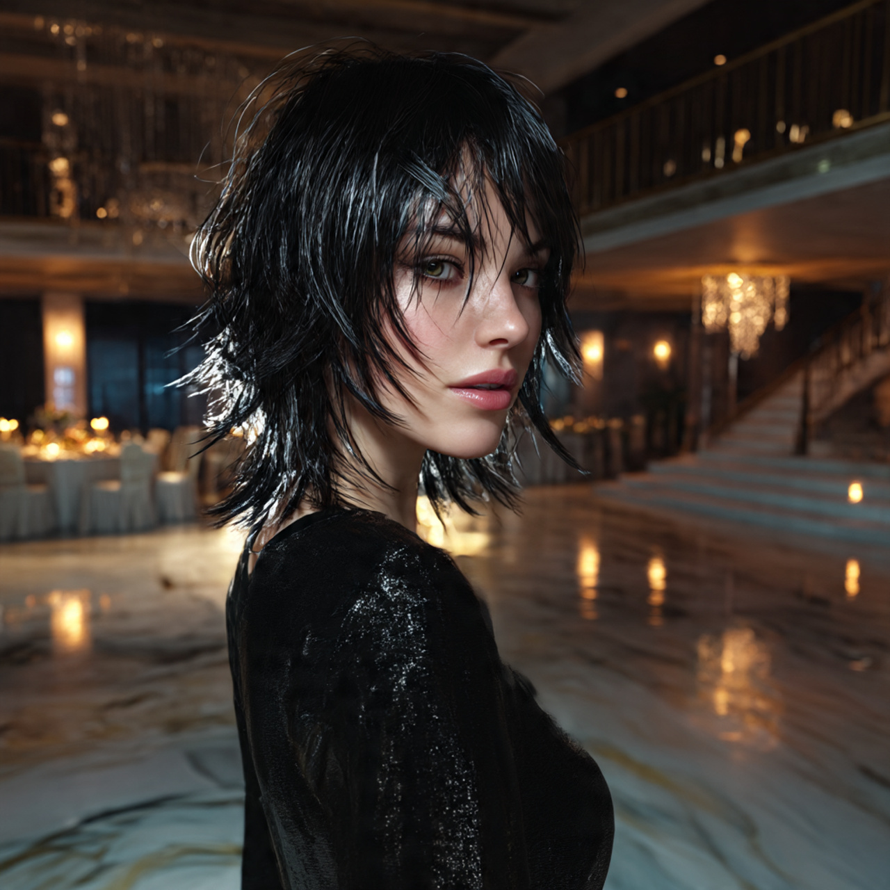 a glamorous woman with a wet look wolf