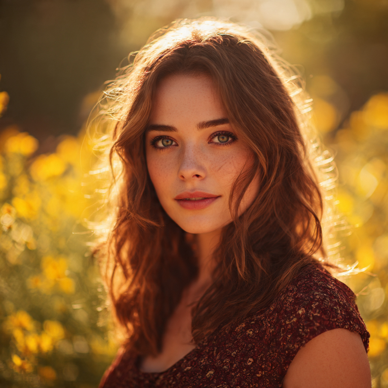 a glowing california brunette woman with warm