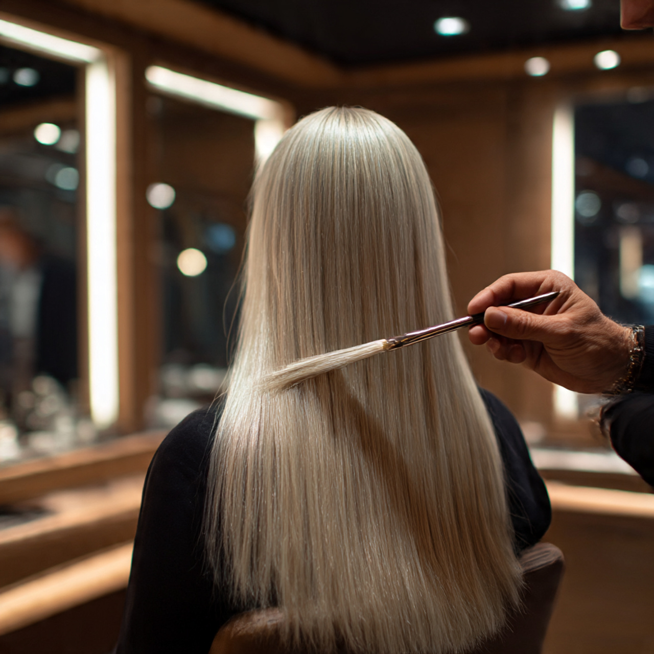 a hairstylist applying bond building treatment to long