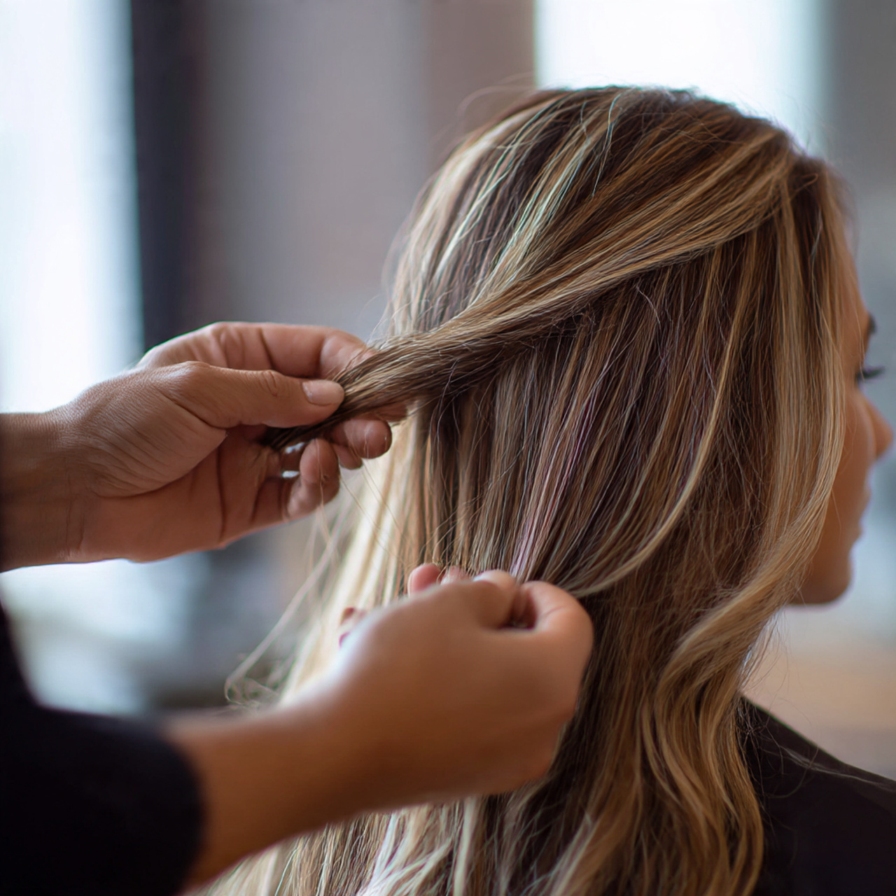 a hairstylist carefully weaving highlights into a