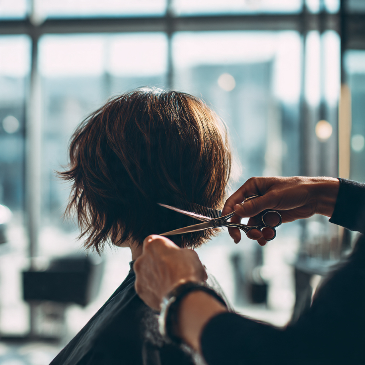 a hairstylist trimming a french shag haircut