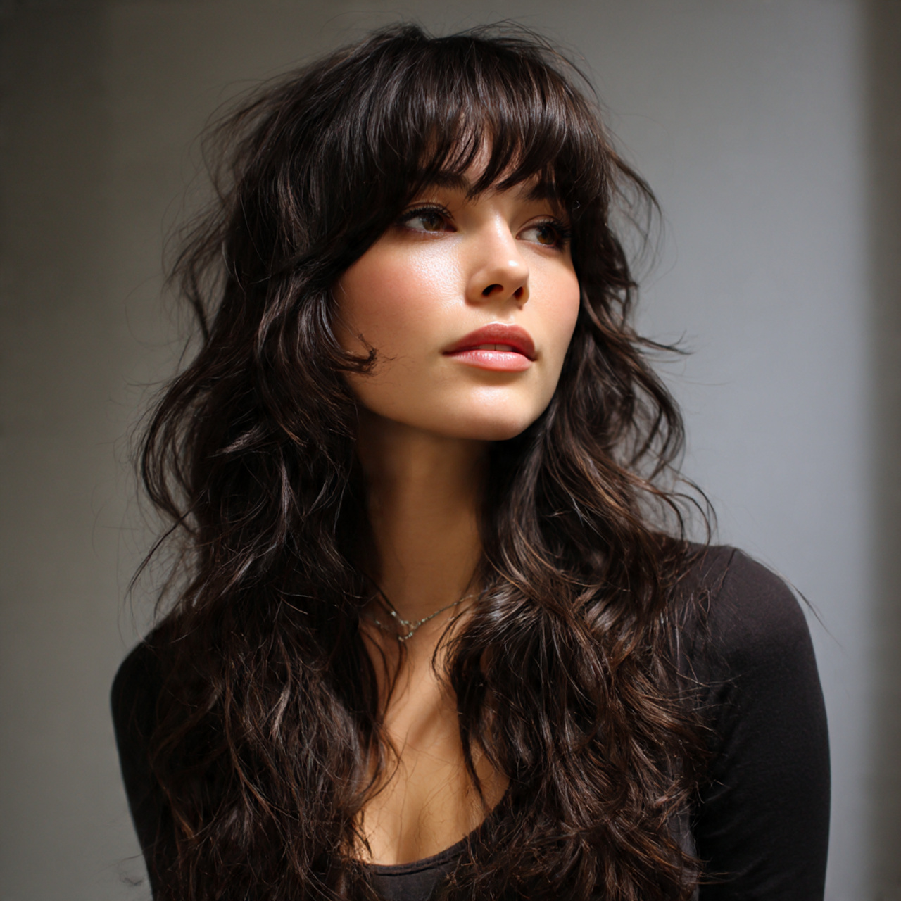 20 Wavy Wolf Cut with Bangs Ideas To Boost Self Confidence 15 a high definition close up hairstyle shot showcasing razor cut