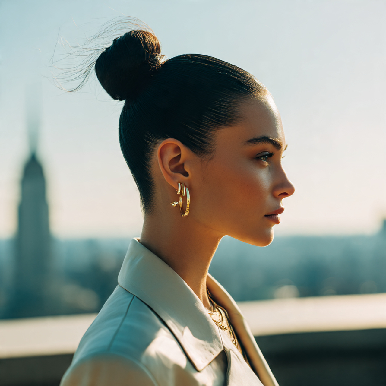 a high fashion city rooftop scene with a