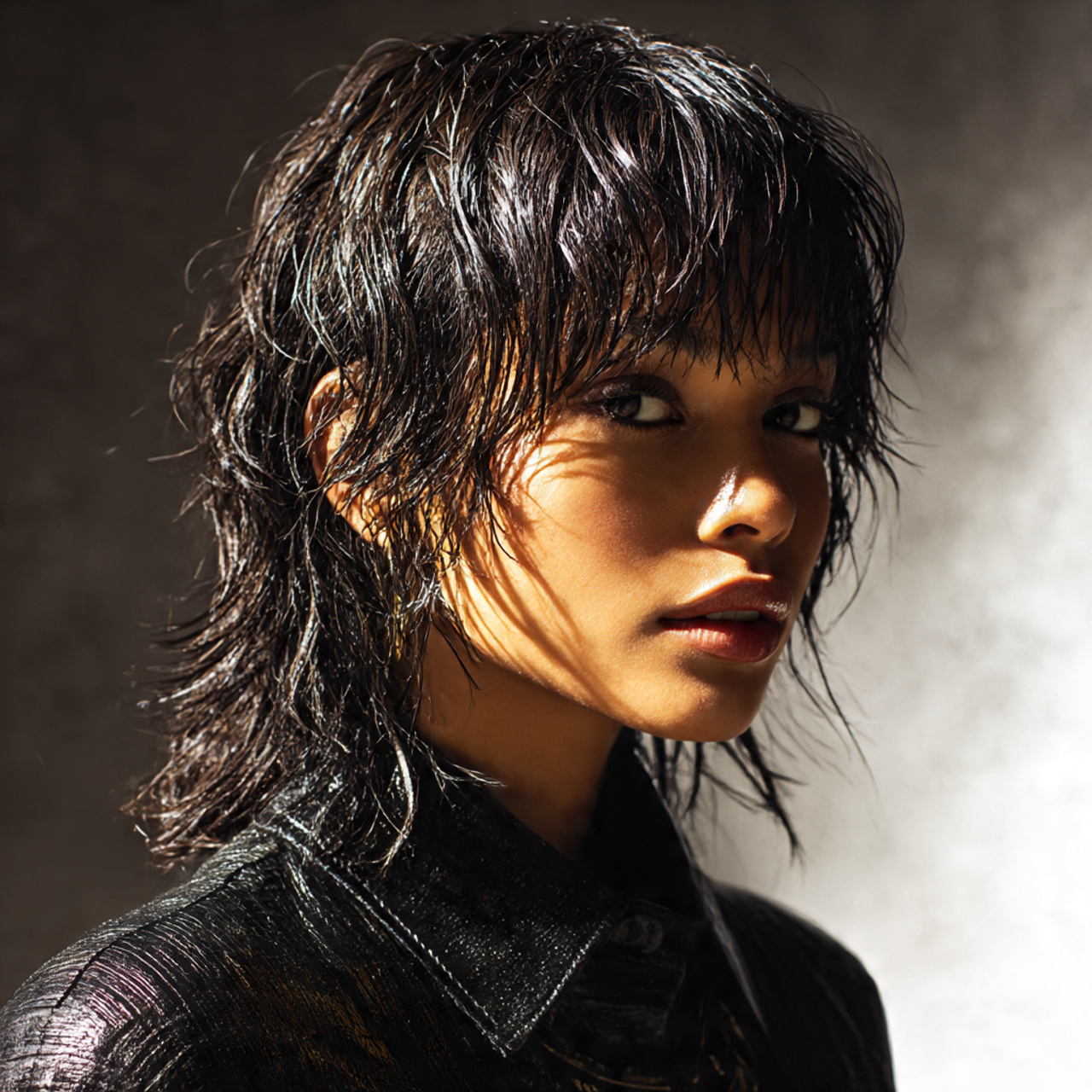 a high fashion model wearing a wet look styled