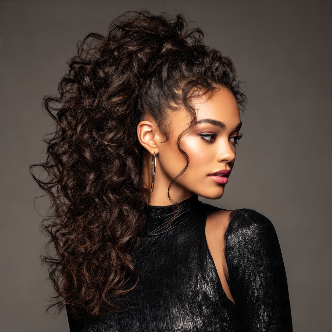 a high or mid height ponytail with big 1