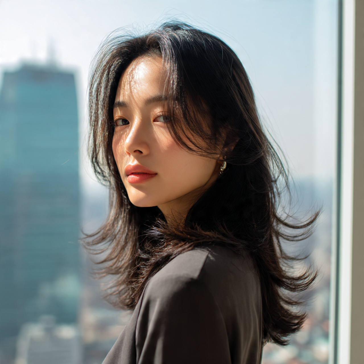 a korean woman with medium long dark hair