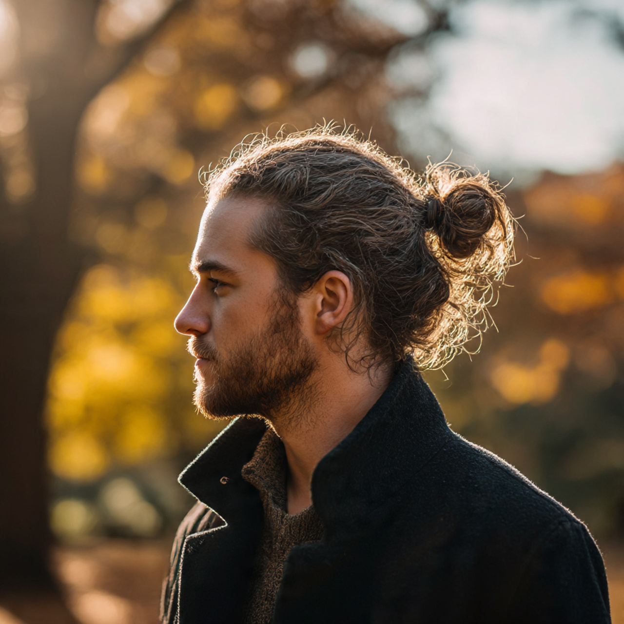 27 Best Medium Hairstyles for Men: Pro Cuts & Styling 17 a man wearing a medium length man bun