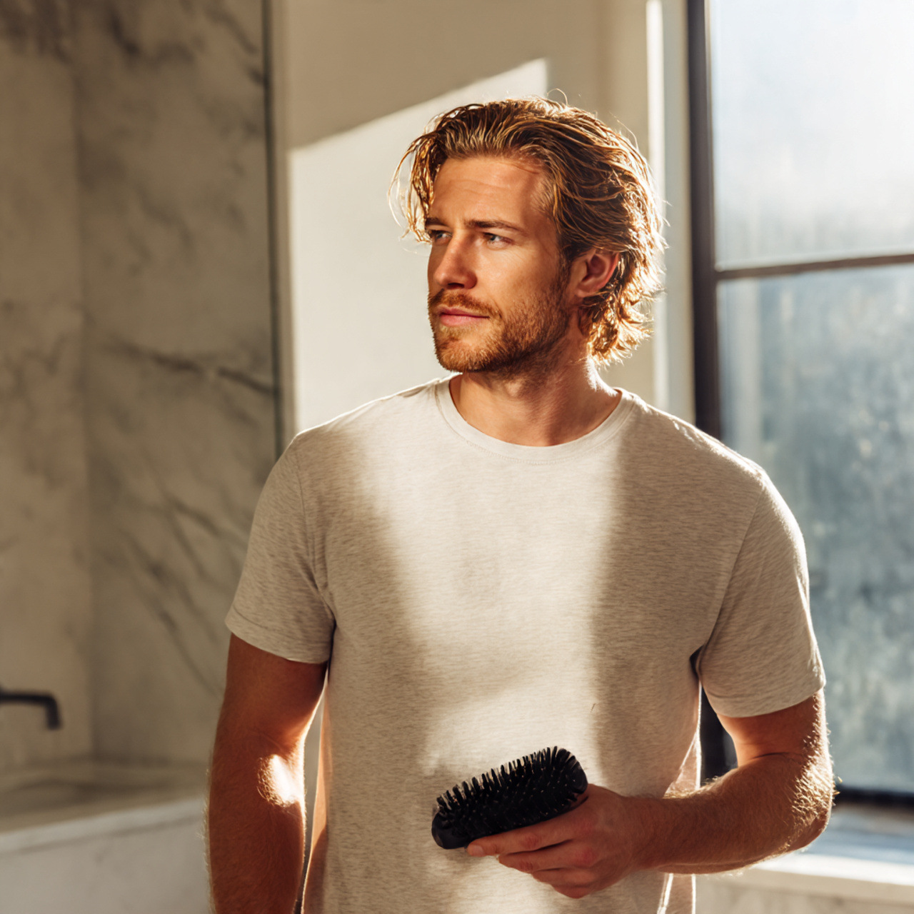 a man with fresh highlights styled neatly