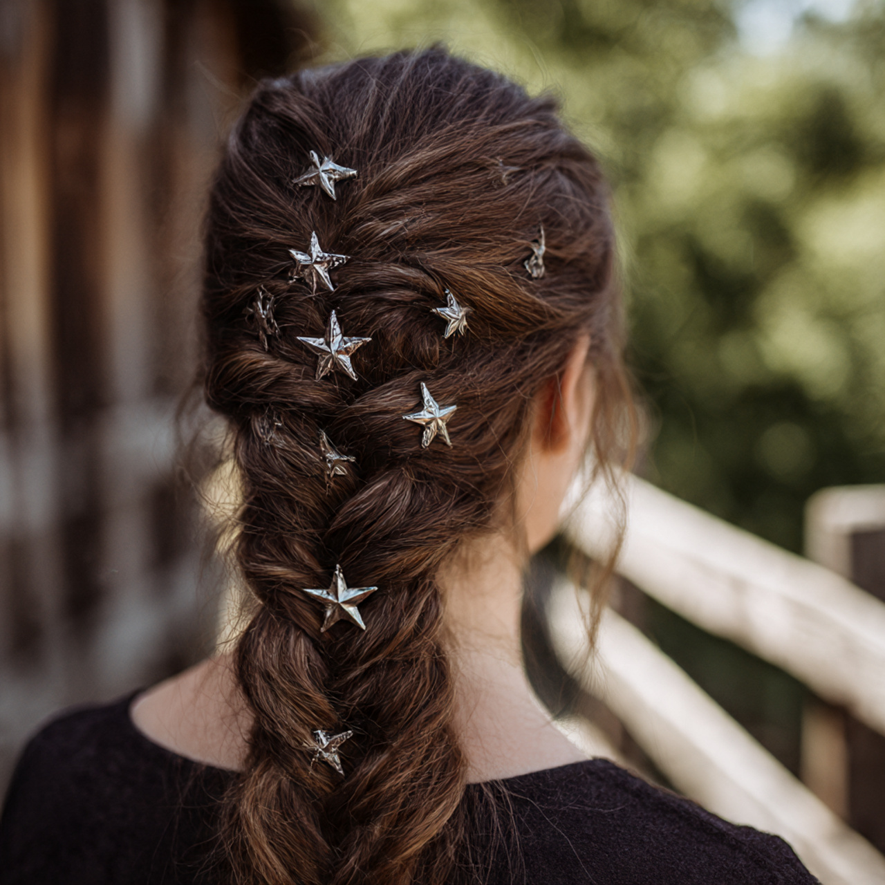 a medium length fishtail braid with small metallic