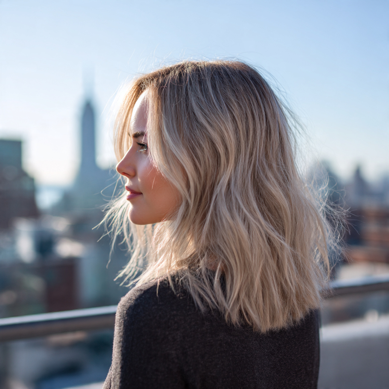 a medium length layered hairstyle featuring ash blonde
